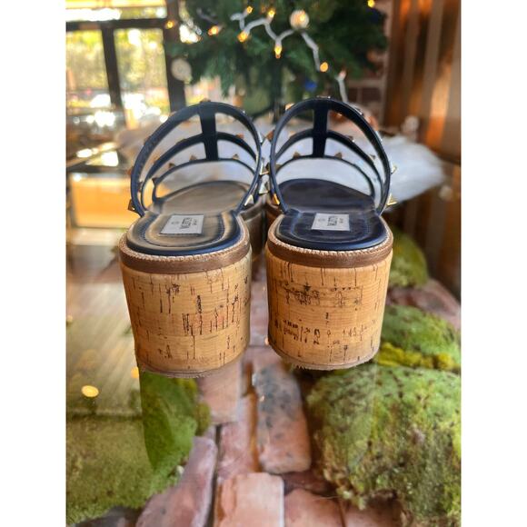 VALENTINO  Navy Blue Rockstud Cork Sandals SZ 37.5 - Picture 9 of 10